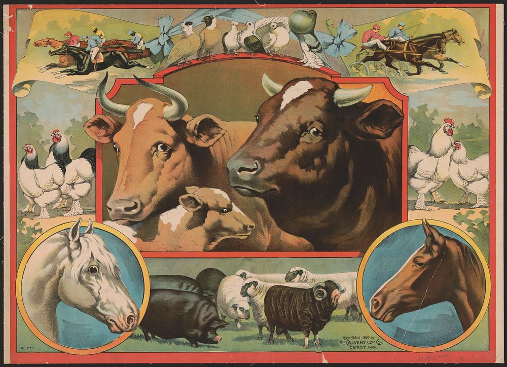 [Print with cows at the center and chickens, horses, sheep, and birds surrounding the cows. In the top right and left…