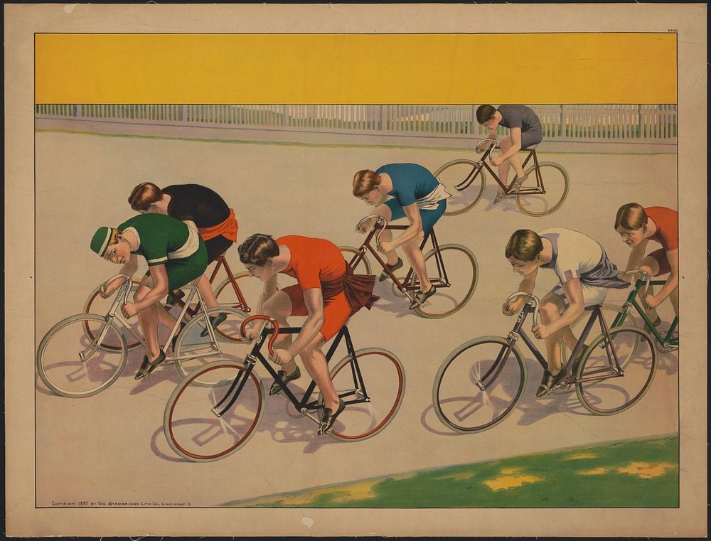 [Seven bicyclists racing]