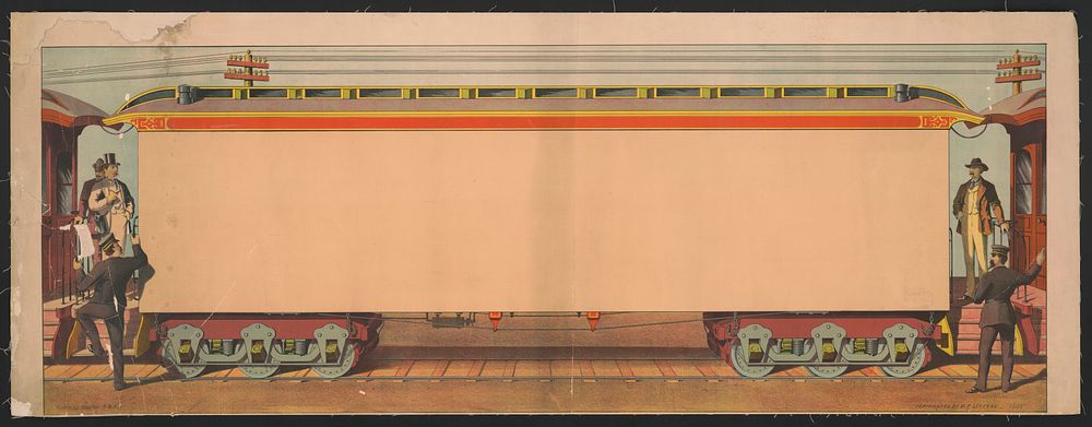 [Train with blank rail car, on the left are two men in between the cars with a pullman stepping onto the car, on the right…