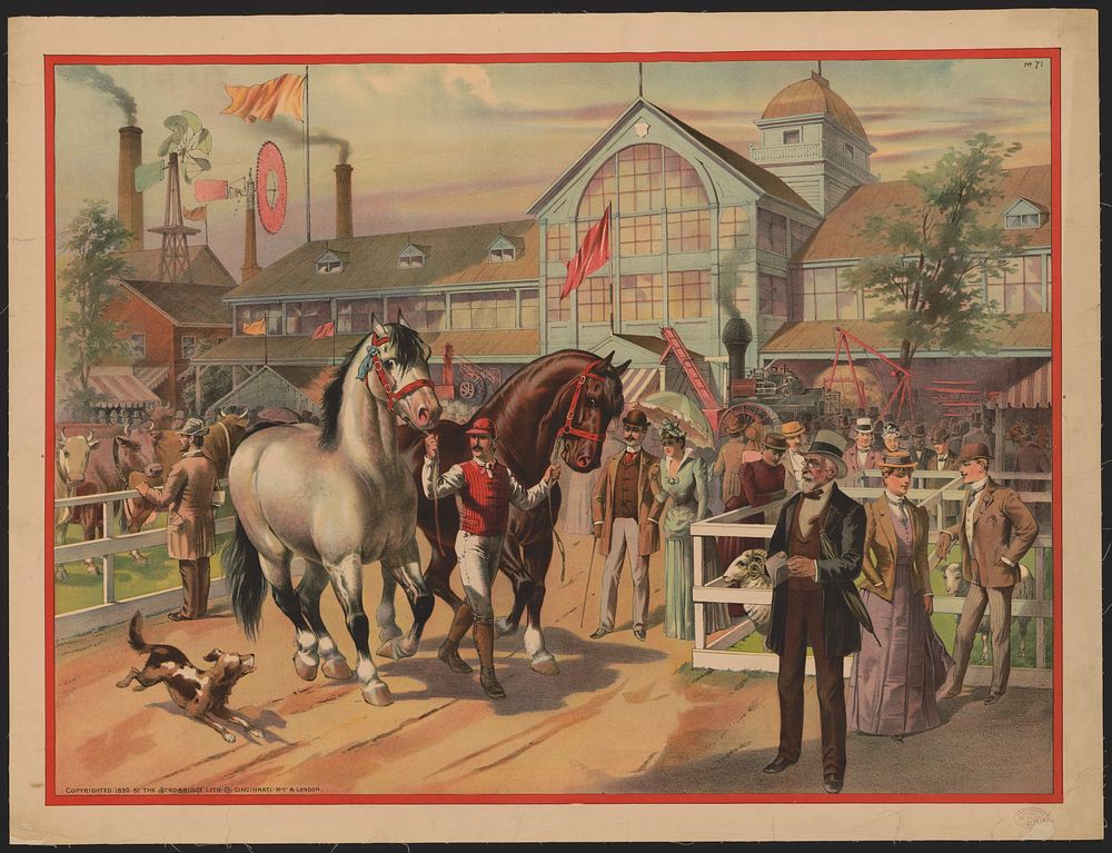 [Horses and  jockeys at the fair with building in the background]