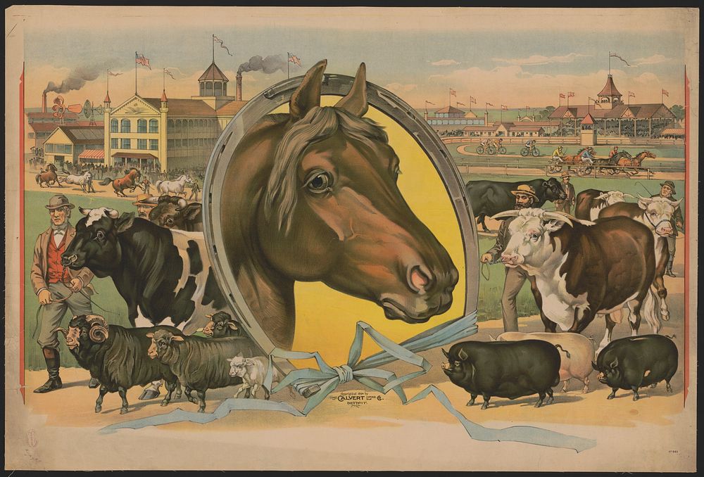 [Horse framed by a horseshoe with fair buildings and a racetrack in the background]