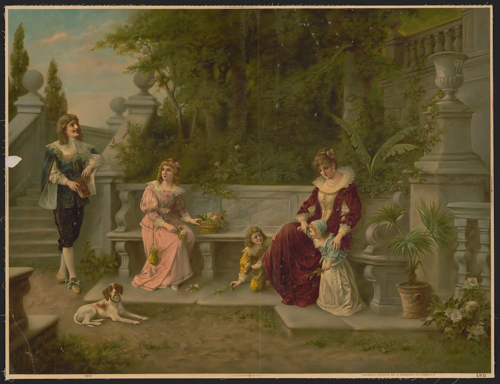 [Woman, man, and children at bench in garden]