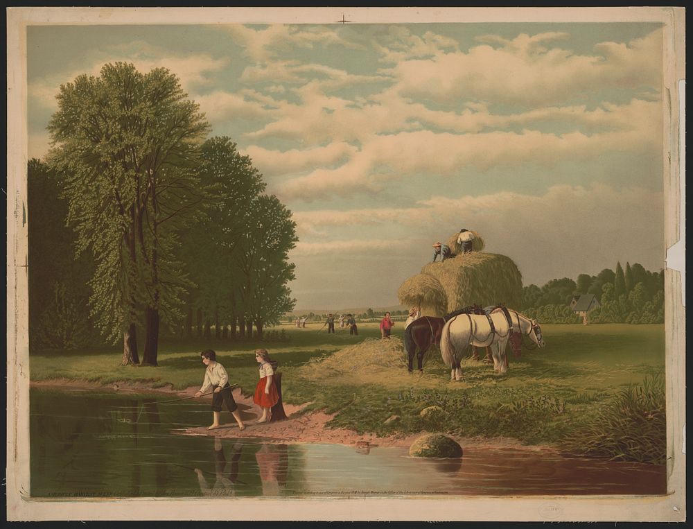 [Boy and girl fishing from the shore of a lake with farmers gathering hay in the background]