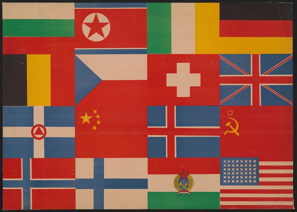 [Flags including those of China, Hungary, Switzerland, the Soviet Union, Greece, and the United States]