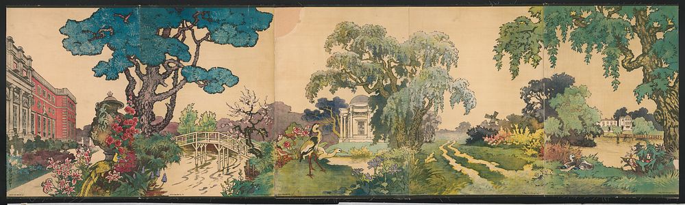 [Four panels depicting an estate, gardens, birds, and pond]