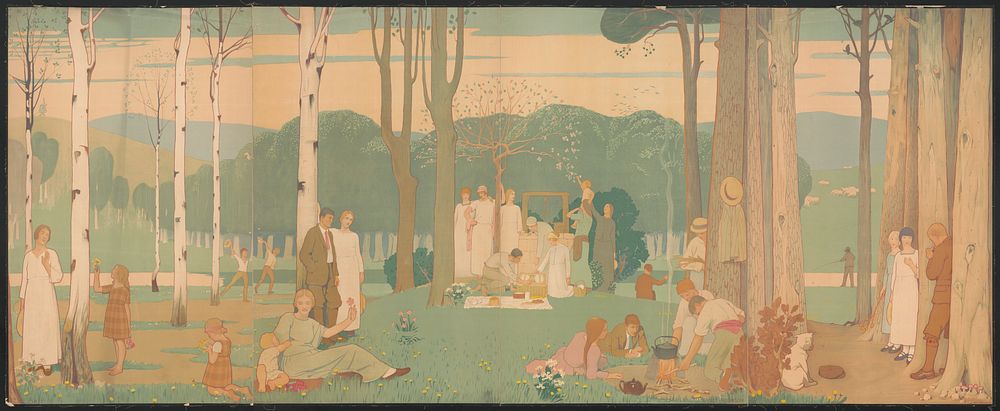 [Men, women, and children at a picnic in the park]