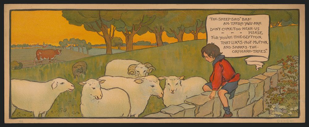 [Boy sitting on a stone wall looking at sheep], [United States] : [publisher not transcribed], 1911.
