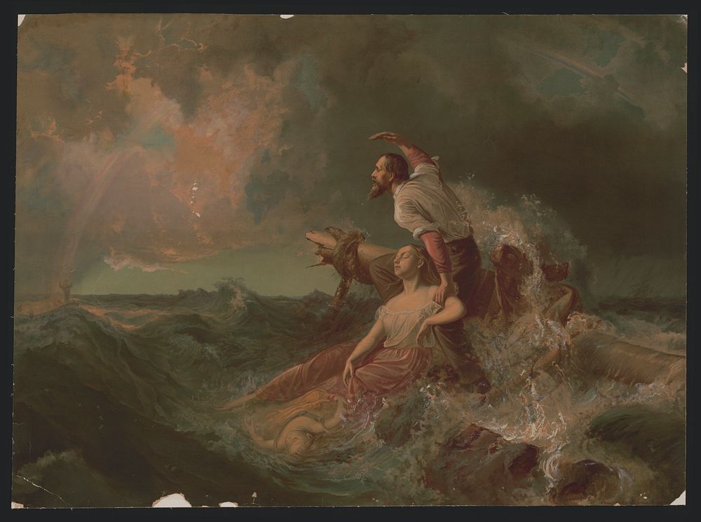 [Man, woman, and girl on shipwreck debris at sea with rainbow above]
