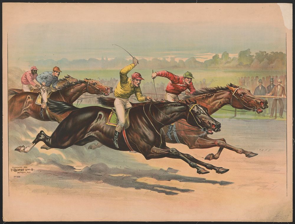 [Horse race depicting four jockeys including one African American]