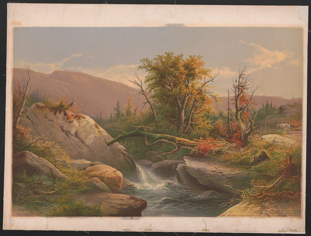 [Man reclining with rifle looking at rushing water]