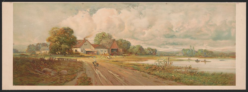 [Farmstead scene with woman and child on the road and men fishing in boats nearby] / P.R. Koehler, N.Y.