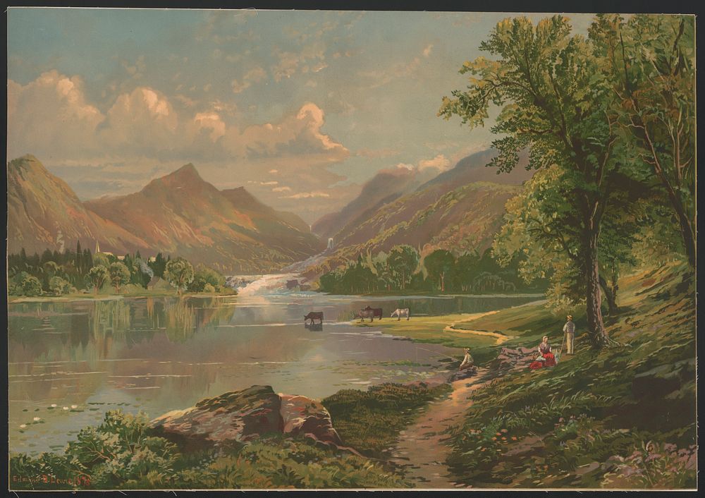 [Mountain lake with cows and people]