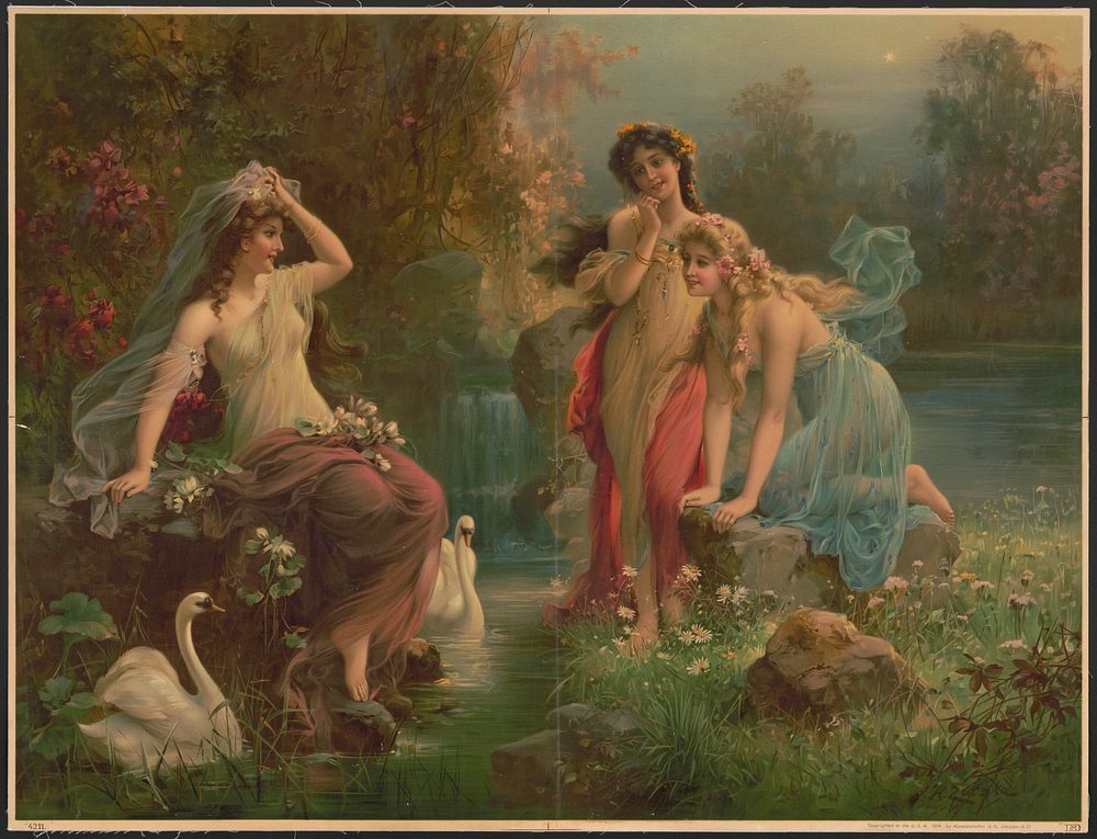 [Three nymphs with swans]