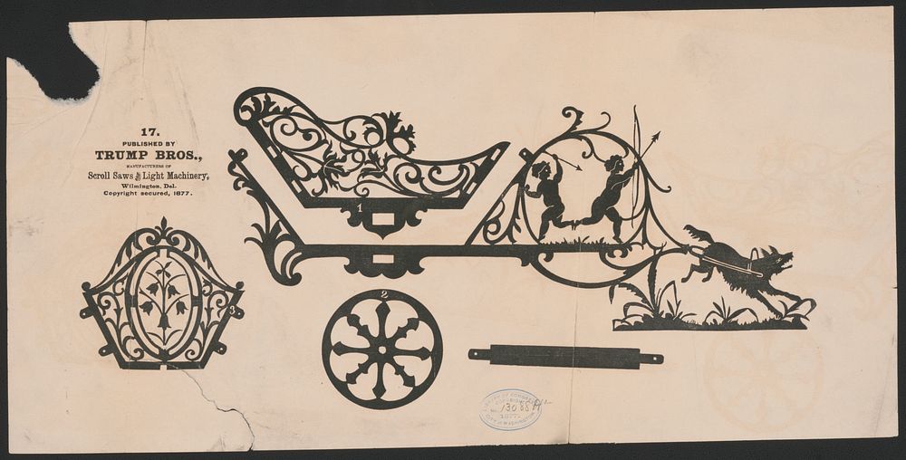 [Decorative fretwork design of coach pulled by a wolf]