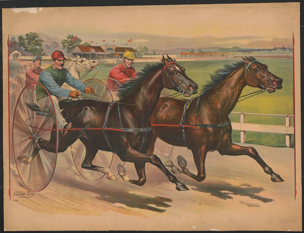 [Three horses with jockeys running a harness race]
