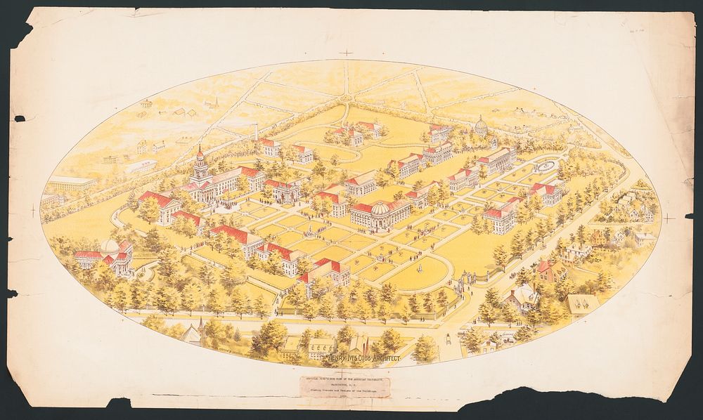 Official bird's-eye view of the American University Washington D.C. showing grounds and designs of the buildings. 1899