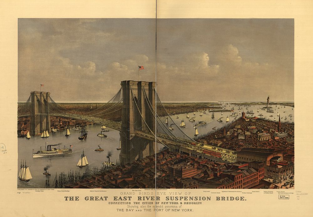 Grand birds eye view of the Great East River Suspension Bridge. Connecting the cities of New York & Brooklyn showing also…