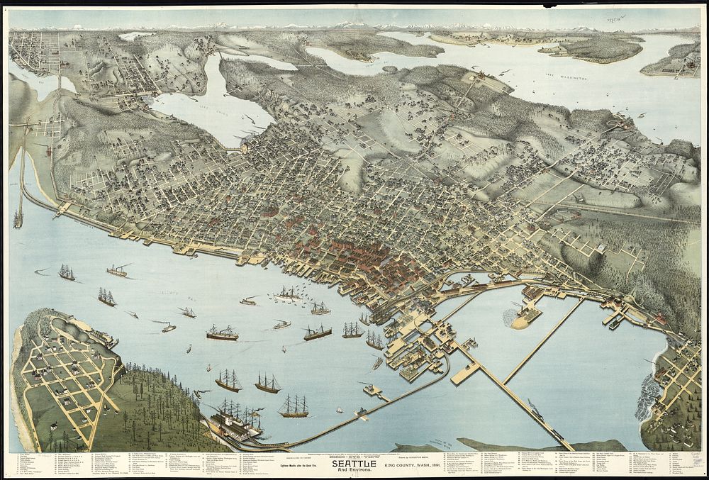 Birds-eye-view of Seattle and environs King County, Wash., 1891.