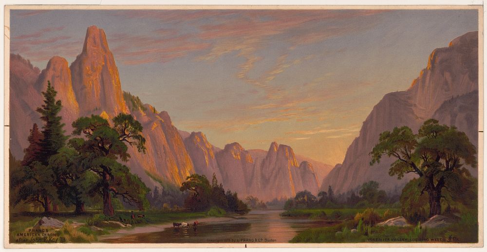 Yosemite Valley looking west / Prang's American, chromo. after John R. Key 73., L. Prang & Co., publisher