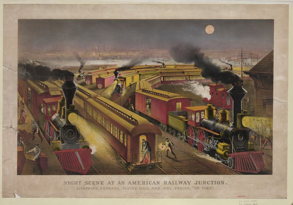 Night scene at an American railway junction: Lightning Express, Flying Mail, and Owl Trains, "on time" / Parsons & Atwater…