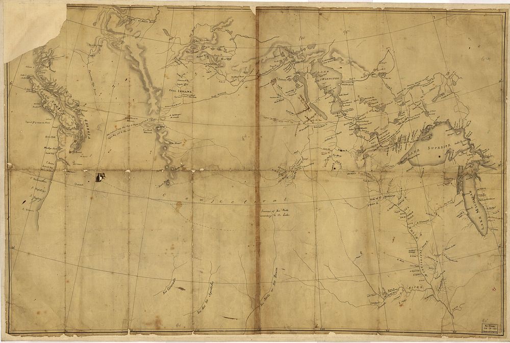 [Lewis and Clark map, with annotations in brown ink by Meriwether Lewis, tracing showing the Mississippi, the Missouri for a…