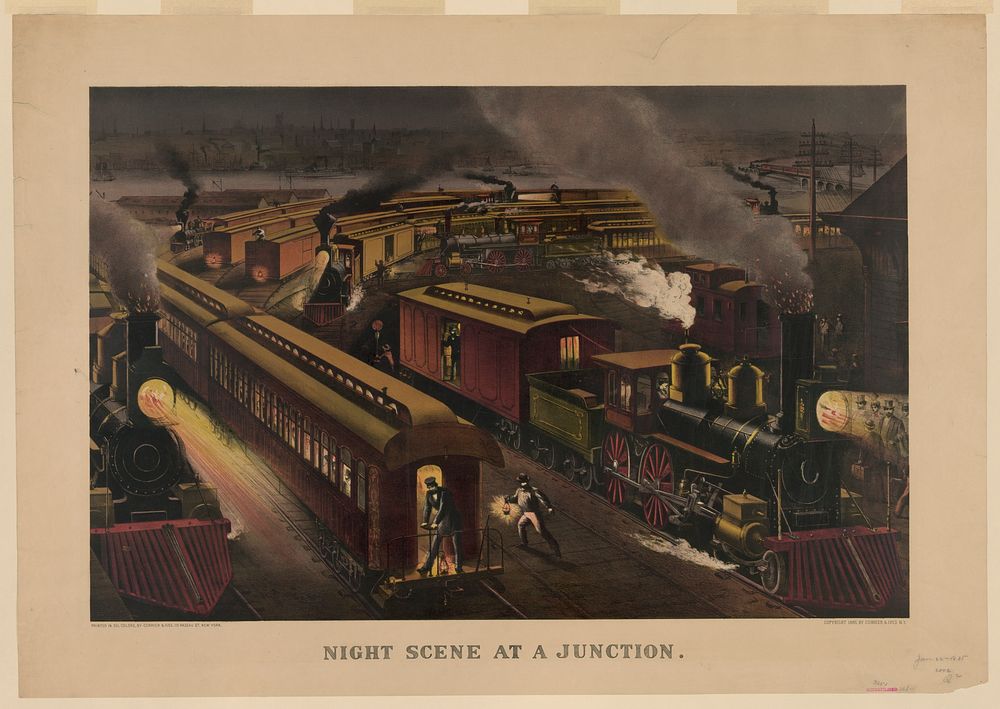 Night scene at a junction, Currier & Ives.