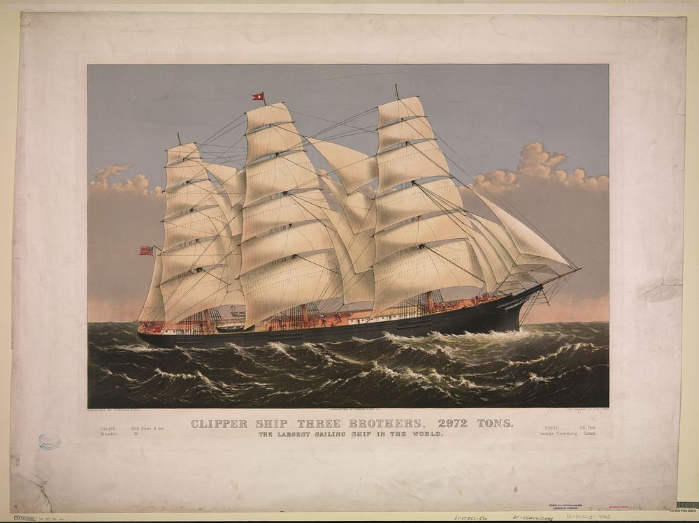 Clipper ship Three Brothers, 2972 tons: The largest sailing ship in the world, Currier & Ives.