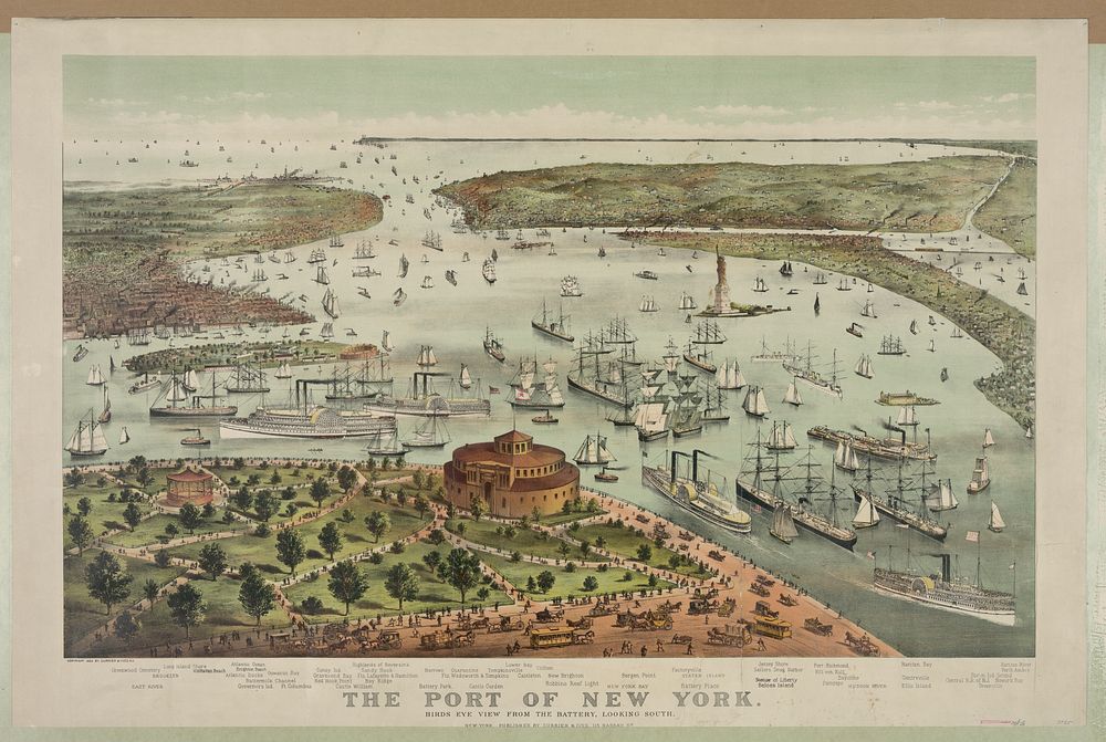 The Port of New York--Birds eye view from the Battery, looking south, Currier & Ives.