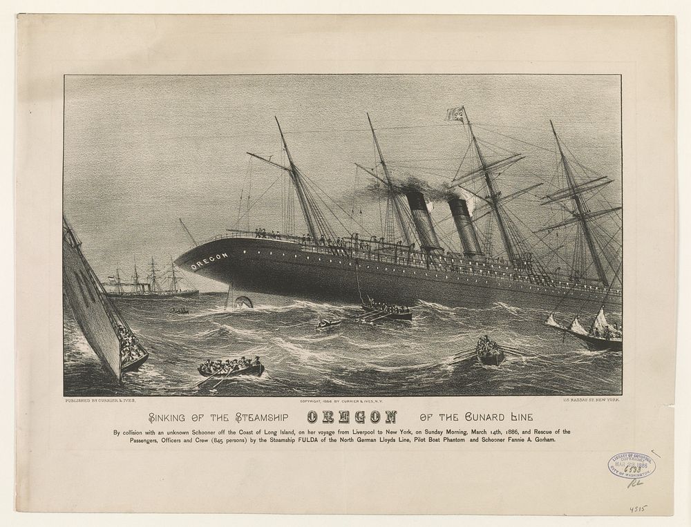 Sinking of the steamship Oregon of the Cunard Line, Currier & Ives.