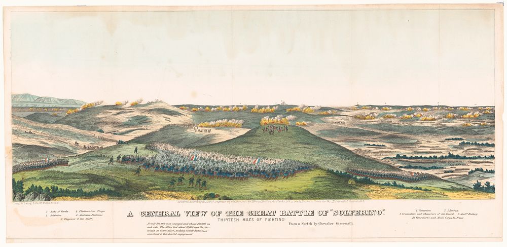 General view of the great battle of Solferino thirteen miles of fighting! / / Lang & Laing Lith ; from a sketch by Chevalier…