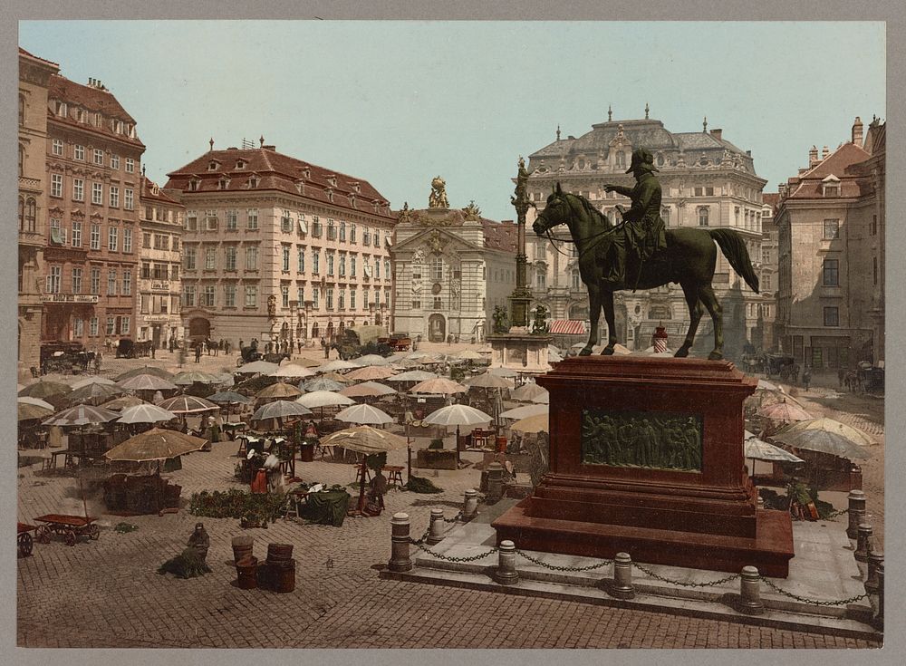 [Am Hof, Vienna, Austria, with open air market and equestrian statue in foreground]