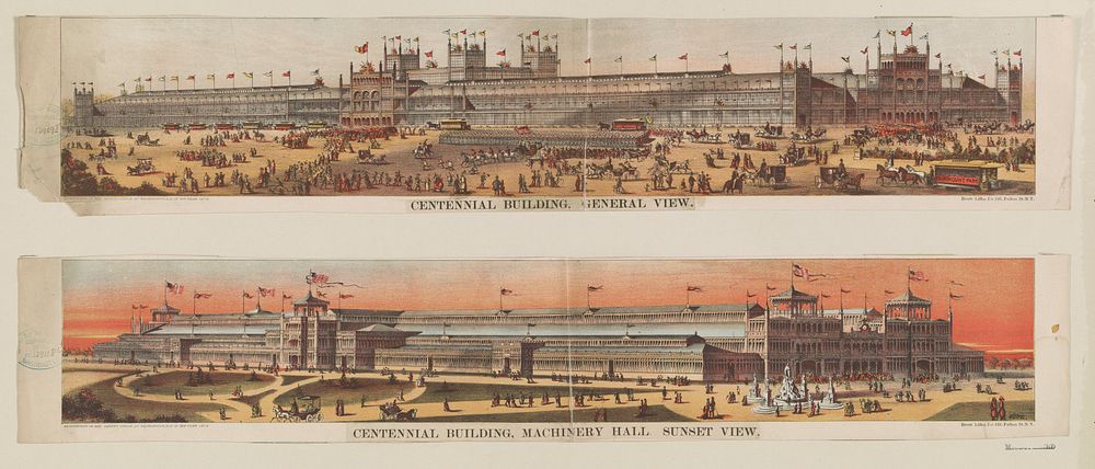 Centennial building. General view. Centennial building, Machinery Hall. Sunset view / Howe.