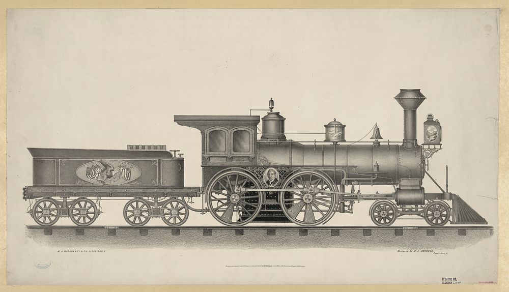 [Railroad engine] / W.J. Morgan & Co. lith., Cleveland, O. ; designed by A.J. Johnson, Cleveland, O.