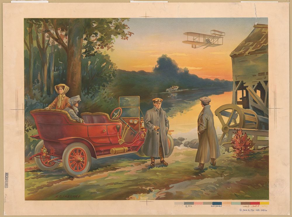 [Two women in automobile, with two men standing alongside, another automobile across river, biplane above, and ruins of…