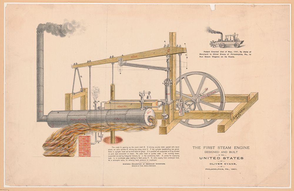 The first steam engine designed and built in the United States, by Oliver Evans, of Philadelphia, Pa., 1801 / Drawing by…