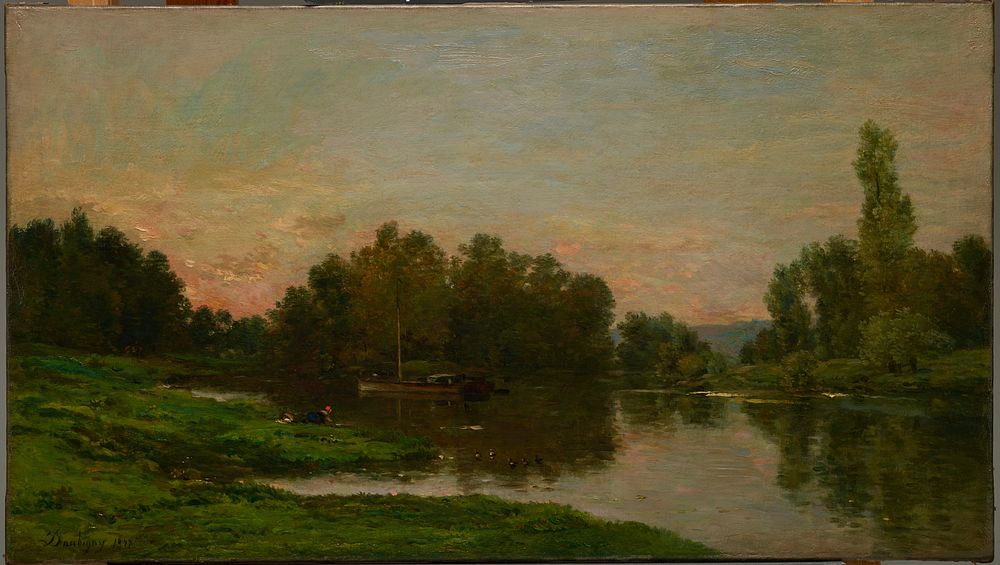 The Painter’s Barge at the Ile de Vaux on the Oise River (1877) painting in high resolution by Charles-François Daubigny. 