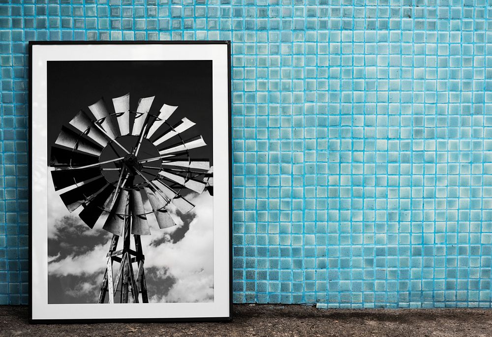 Photo frame mockup, vintage windmill image psd