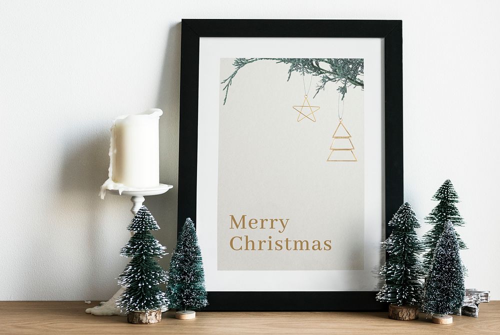 Festive photo frame mockup, Christmas decor psd