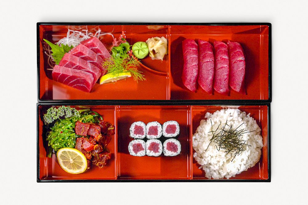 Japanese bento box, lunch food isolated image psd