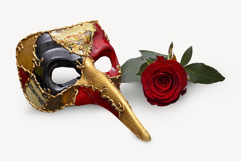 Fancy mask and rose, isolated object image psd