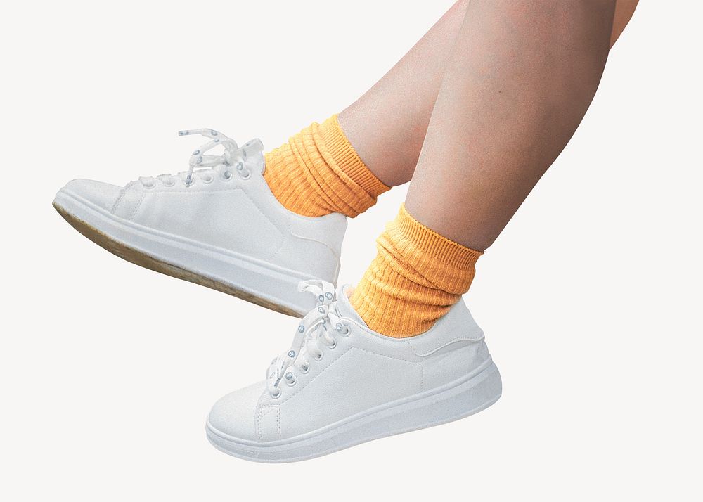 Kid's white sneakers, isolated apparel image psd