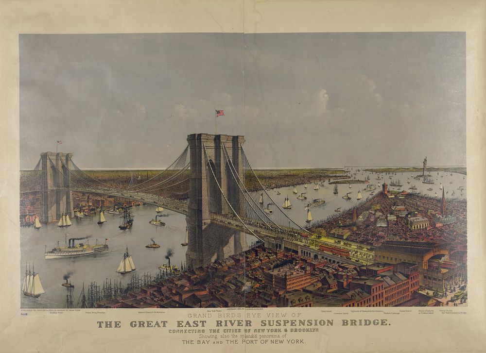 Grand birds eye view of the Great East River suspension bridge Connecting the cities of New York & Brooklyn : Showing also…