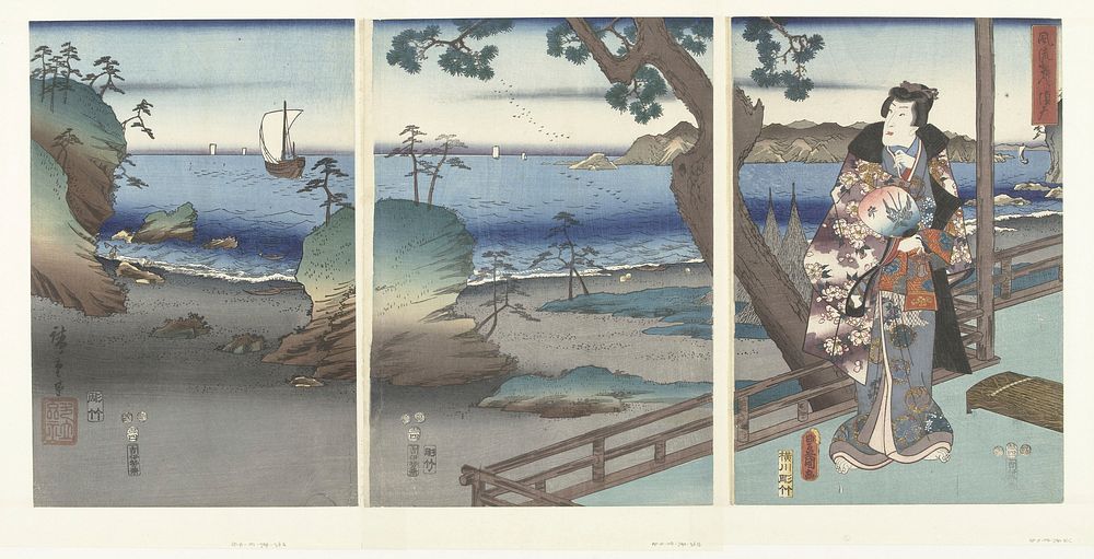 Prince Genji watching at the Suma Beach (triptych) by Utagawa Hiroshige. Original public domain image from the Rijksmuseum.