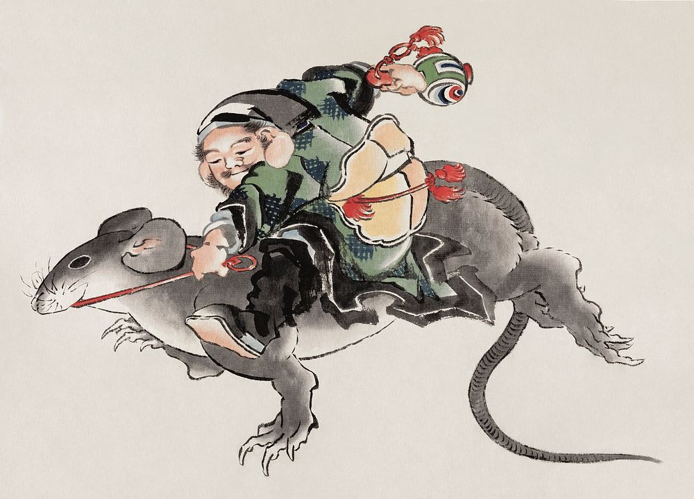 Katsushika Hokusai&rsquo;s Japanese Daikokuten riding a large rat, Album of Sketches (1760&ndash;1849) paintings. Original…
