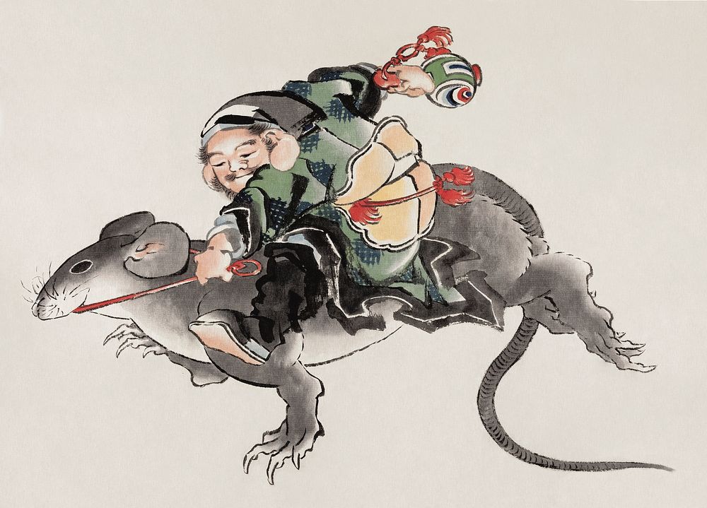 Katsushika Hokusai’s Japanese Daikokuten riding a large rat, Album of Sketches (1760–1849) paintings. Original public domain…