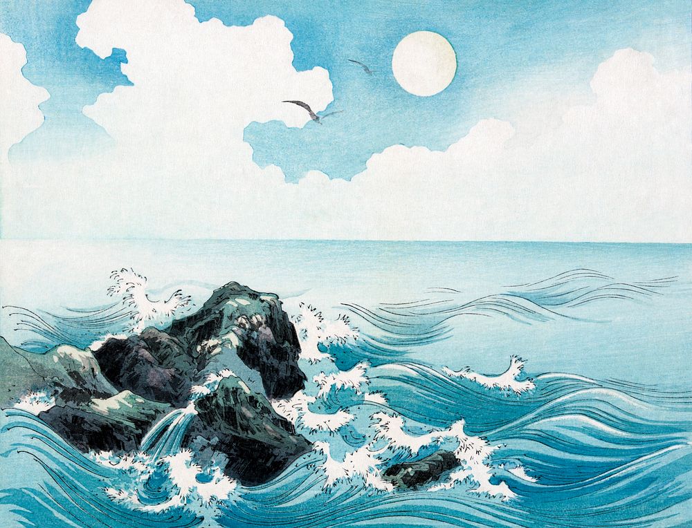 Vintage ocean wave at Kojima Island, vintage Japanese woodcut prints. Original public domain image from the Library of…