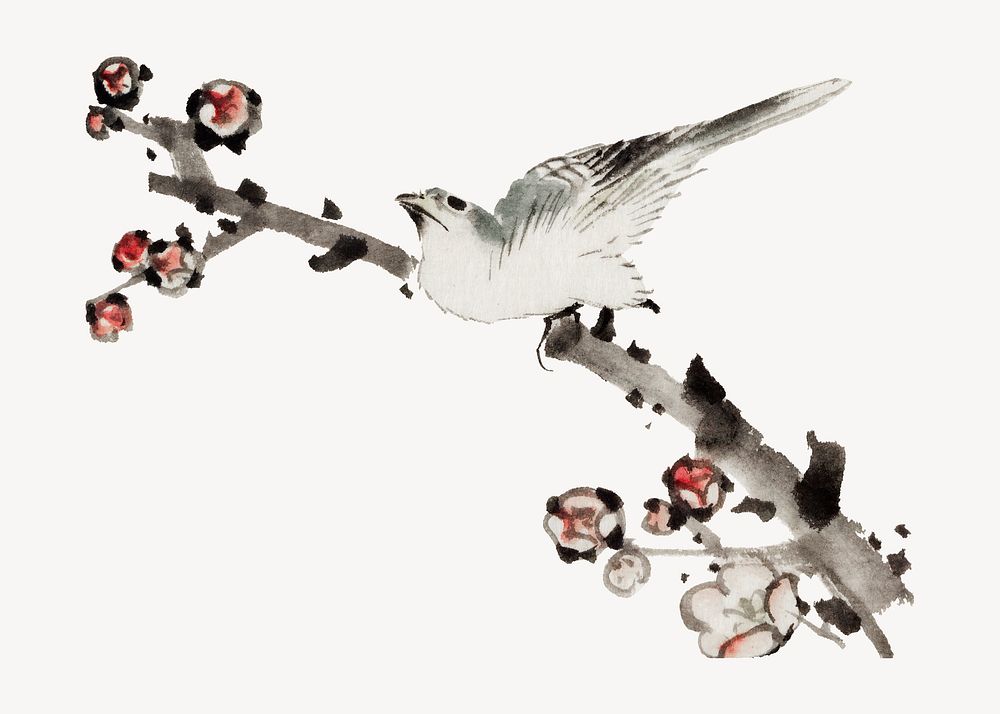 Hokusai&rsquo;s bird on branch psd.   Remastered by rawpixel. 