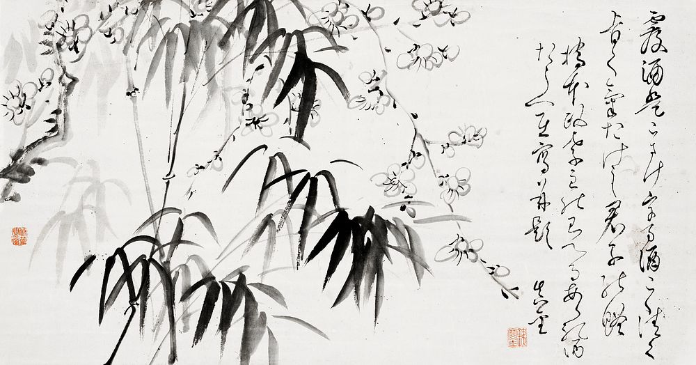 Japanese bamboo and plum blossom (1817 - 1863) vintage ink on paper by Fujimoto Tesseki. Original public domain image from…