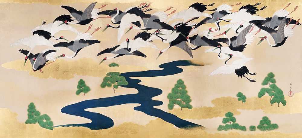 Japanese cranes and pines (mid 19th century) vintage painting by Yamamoto Sodō. Original public domain image from the…