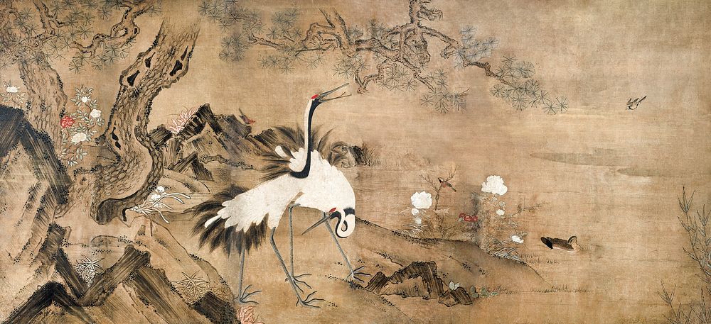 Japanese cranes and pine trees (16th century) vintage ink and color on paper. Original public domain image from the…